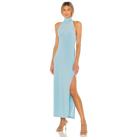 Norma Kamali Halter Turtle Side Slit Gown in Powder Blue - Picture 1 of 3